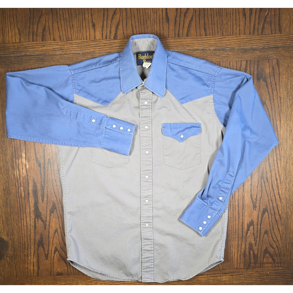 Vintage Ruddock Bros Mens Medium Western Pearl Snap Shirt Blue Khaki Two Tone